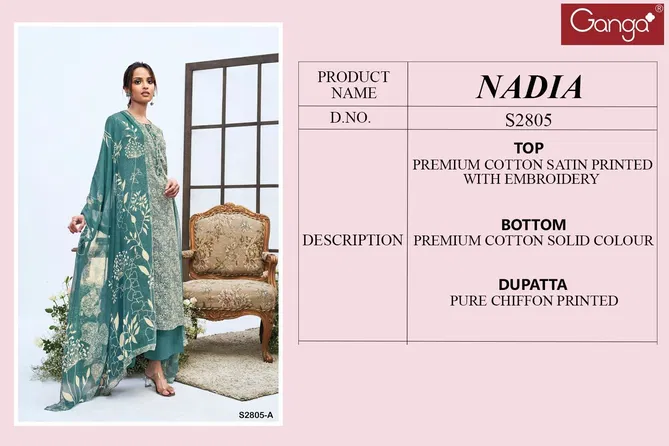 Nadia 2805 By Ganga Cotton Satin Printed Embroidery Dress Material Online Wholesale